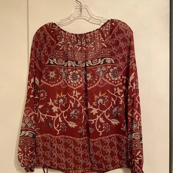 Lucky Brand Women’s Brown & White Floral Long Sleeve Pull-Over Simi-Sheer Top - Picture 7 of 7